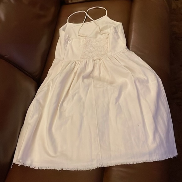 Old Navy Cream Raw Hem Smocked Back Lined Dress Size Small Petite Vacation Beach - Picture 2 of 6